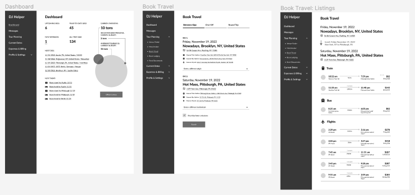 A low fidelity prototype moving from a Matchmaker dropdown, to a Matchmaker page with a calendar and venue listings, to a single venue page, to a message sent confirmation page.