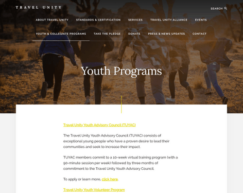 A 'before' image of Travel Unity's Youth Programs page with plain text links.
