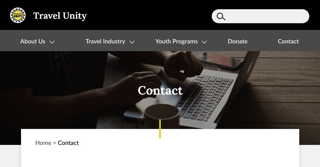 An 'after' image of Travel Unity's Contact page with a different header image from the Youth Programs page.