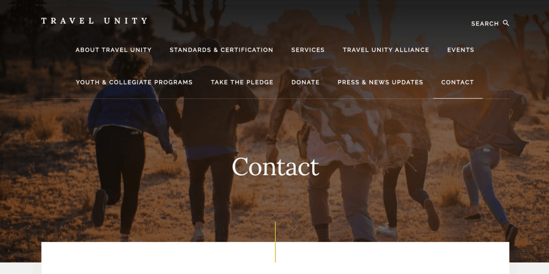 A 'before' image of Travel Unity's Contact page with the same header image as the Youth Programs page.